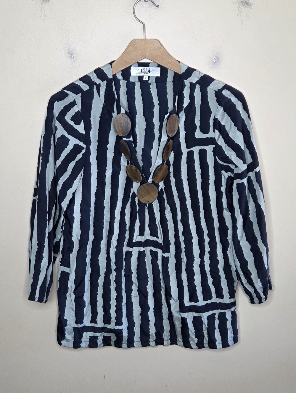 Tibi Silk Blend Blue Striped Print Top with Wooden Embellished Neckline Size 2
